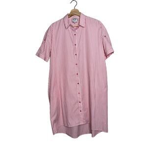 Lili Sidonio Pink White Striped Button Down Shirt Dress XS Roll Tab Sleeve